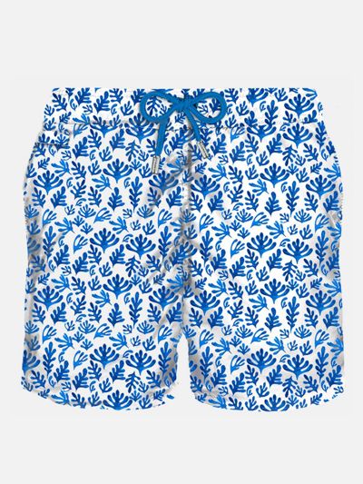 Mc2 Saint Barth Man Light Fabric Swim Shorts With Blue Leaves Print In White