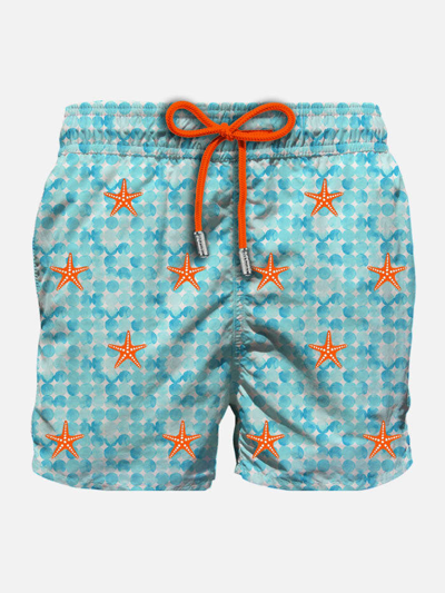 Mc2 Saint Barth Man Light Fabric Man Swim Shorts With Starfish Embroidery In Sky