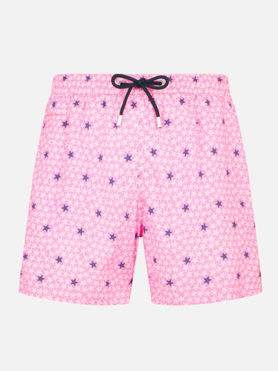 Mc2 Saint Barth Man Light Fabric Comfort Swim Shorts With Starfish Print In Pink