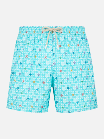 Mc2 Saint Barth Man Light Fabric Comfort Swim Shorts With Sea Star Print In White