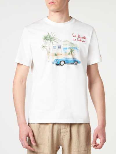 Mc2 Saint Barth Man Cotton T-shirt With St. Barth In Cabrio Embroidery And Print In White