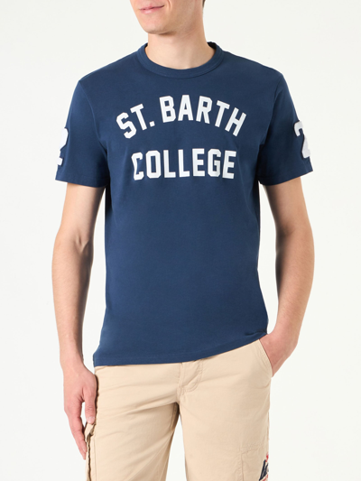 Mc2 Saint Barth Man Cotton T-shirt With St. Barth College Lettering In Blue