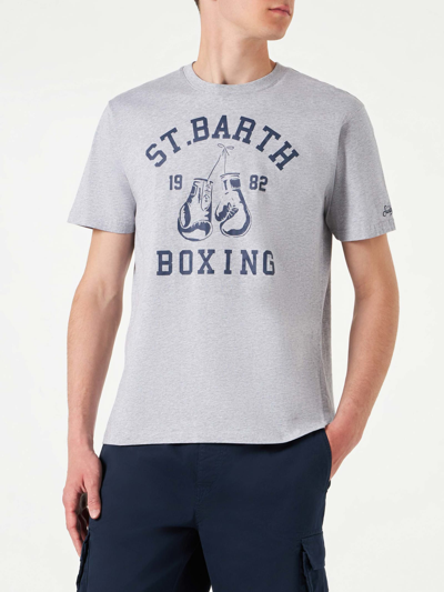 Mc2 Saint Barth Man Cotton T-shirt With St. Barth Boxing Print In Grey