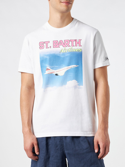 Mc2 Saint Barth Man Cotton T-shirt With Saint Barth Airlines Print In White