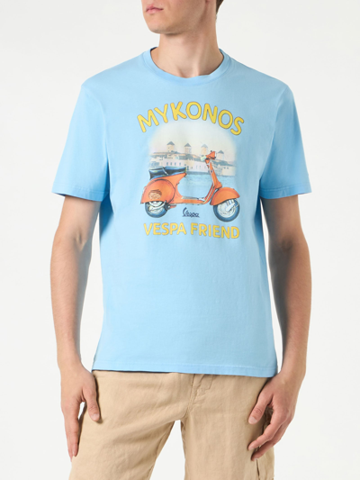 Mc2 Saint Barth Man Cotton T-shirt With Mykonos Vespa Print Vespa® Special Edition In Sky