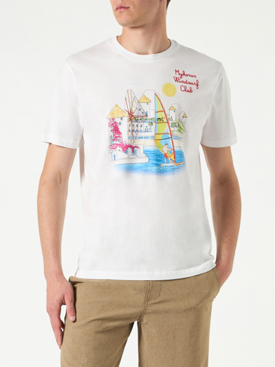 Mc2 Saint Barth Man Cotton T-shirt With Mykonos Print In White