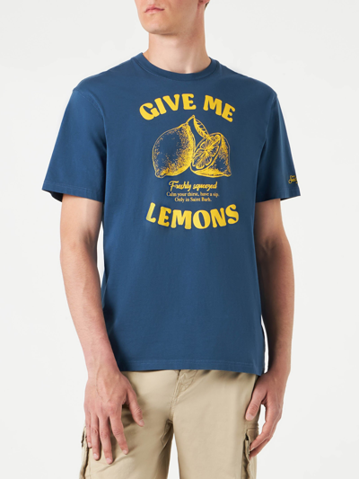 Mc2 Saint Barth Man Cotton T-shirt With Lemons Print In Blue
