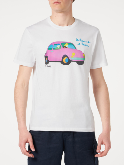 Mc2 Saint Barth Man Cotton T-shirt With Lodola Car Print Marco Lodola Art Special Edition In White