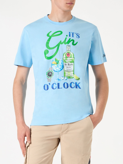 Mc2 Saint Barth Man Cotton T-shirt With Its Gin Oclock Print In Sky