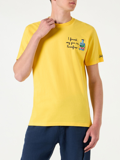 Mc2 Saint Barth Man Cotton T-shirt With I Found My Gin In Portofino Embroidery Portofino Dry Gin Special Edition In Yellow