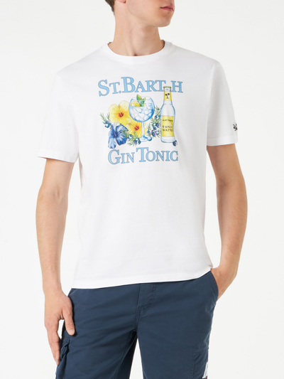 Mc2 Saint Barth Man Cotton T-shirt With Gin Tonic Print In White