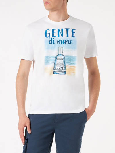 Mc2 Saint Barth Man Cotton T-shirt With Gin Print Gin Mare Special Edition In White