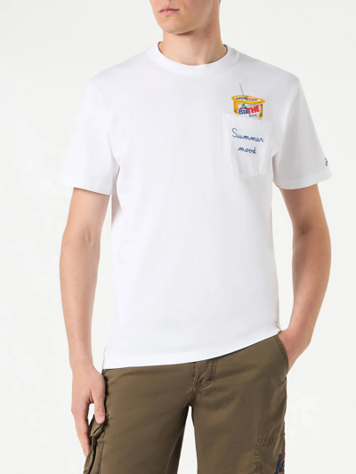 Mc2 Saint Barth Man Cotton T-shirt With Estathé Summer Mood Print And Embroidery Estathé® Special Edition In White