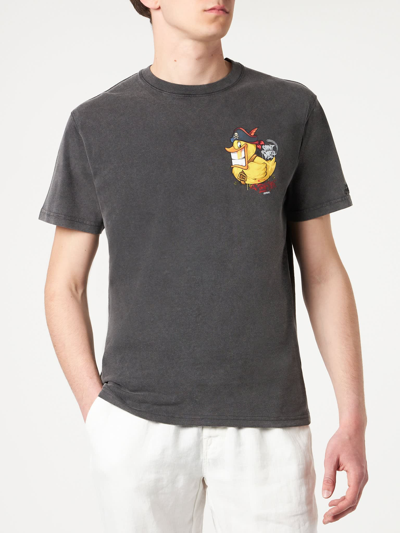 Mc2 Saint Barth Man Cotton T-shirt With Captain Duck Front And Back Print Crypto Puppets® Special Edition In Black
