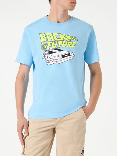 Mc2 Saint Barth Man Cotton T-shirt With Back To The Future Car Print Back To The Future Special Edition In Sky