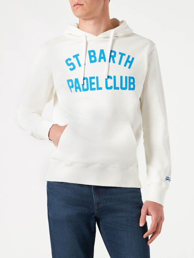 Mc2 Saint Barth Man Cotton Hooded White Sweatshirt With Bluette Padel Club Print