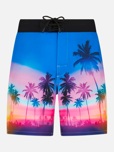 Mc2 Saint Barth Man Comfort And Stretch Surf Shorts With Palm Print In Sky