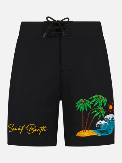 Mc2 Saint Barth Man Comfort And Stretch Surf Shorts With Palm Print In Black