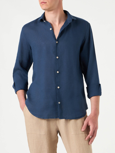 Mc2 Saint Barth Man Linen Navy Blue Shirt