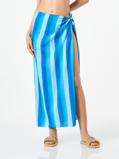 Mc2 Saint Barth Cotton Pareo Skirt With Striped Print In Blue
