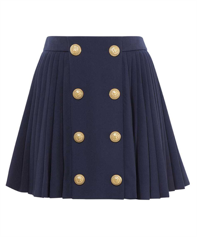 Balmain Wool Pleated 8-button Mini Skirt In Blue