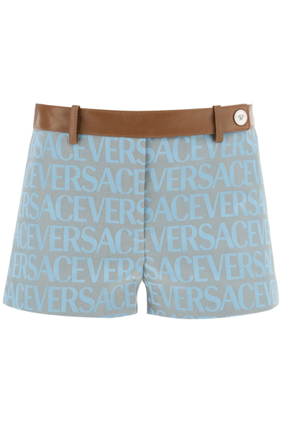 Versace Leather Logo Short In Light Blue