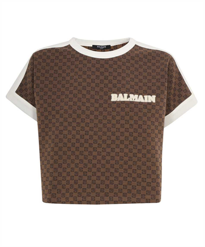 Balmain Mini Monogram Printed Cropped T-shirt In Brown