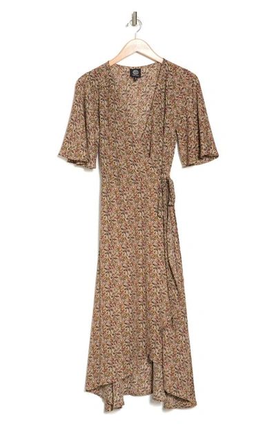 Bobeau Orna Patterned Wrap Dress In Khaki Beige