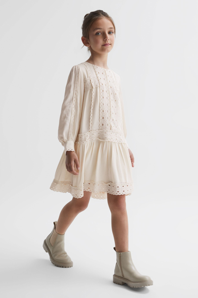 Reiss Kids' Tavi - Ivory Junior Long Sleeve Lace Dress, Age 6-7 Years
