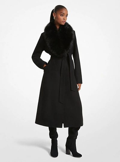Michael Kors Faux Fur Trim Wool Blend Coat In Black | ModeSens