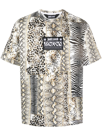 Just Cavalli Logo-patch Panelled T-shirt In Multianimalier