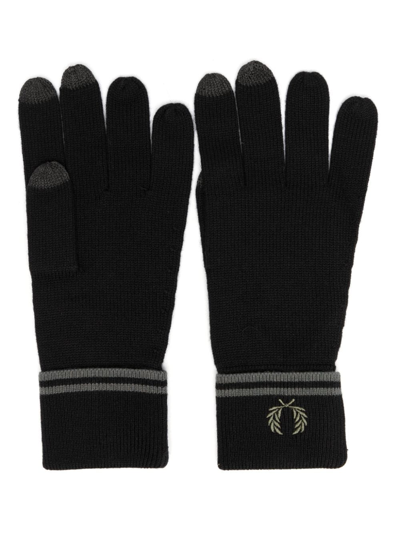 Fred Perry Embroidered-logo Striped Gloves In Black