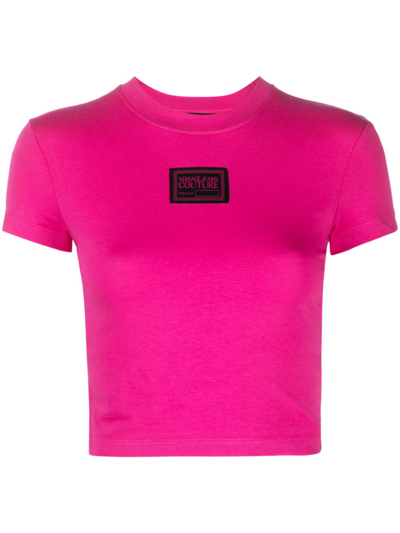 Versace Jeans Couture Logo-patch Cotton Crop Top In Pink