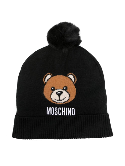 Moschino Kids' Teddy Bear 图案绒球套头帽 In Black