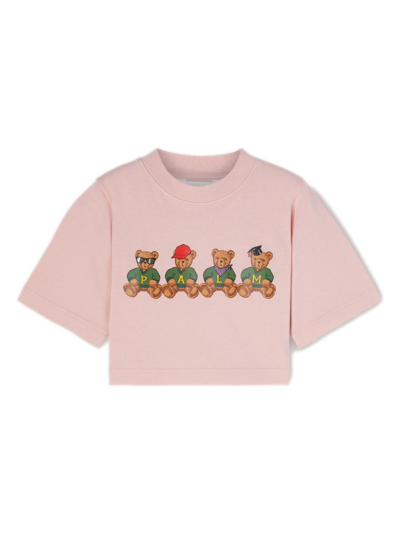 Palm Angels Kids' College Bears Cropped T-shirt In Pink