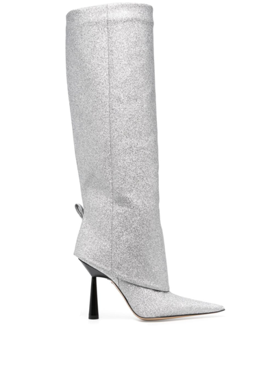 Gia Borghini Women's Rosie Scrunchy Glitter Pointed Toe High Heel Boots In Silver