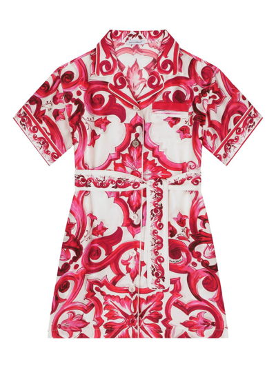 Dolce & Gabbana Kids' Majolica-print Belted Shirtdress In White