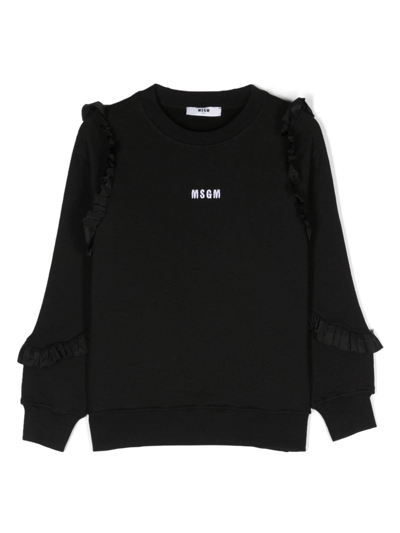 Msgm Kids' Logo印花褶饰棉质卫衣 In Black