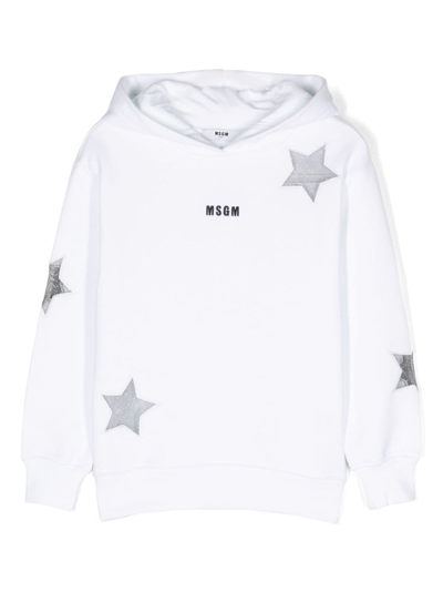 Msgm Kids' White Hoodie With Glitter Logo And Stars Print