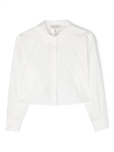 Twinset Kids' Logo-embroidered Long-sleeve Shirt In White