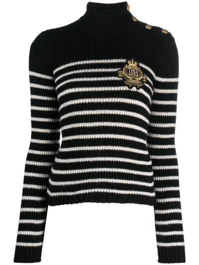 Balmain Striped Sweater With Logo Patch In Noir Naturel (black)