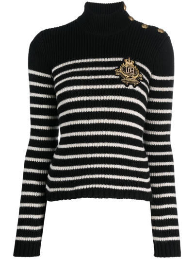 Balmain Striped Sweater With Logo Patch In Multi-colored