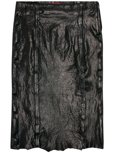 Diesel Midi Skirt In Shiny Wrinkled Leather In Black