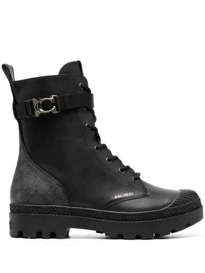 Coach Logo-plaque Leather Ankle Boots In Black