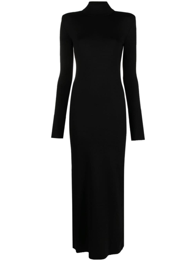 Saint Laurent Funnel-neck Wool Midi Dress In Schwarz