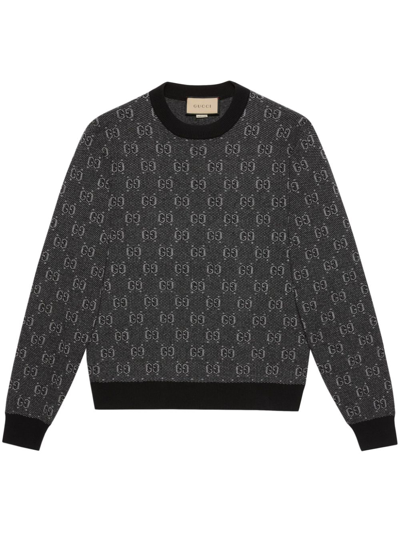 Gucci Men Grey Crewneck Sweater With Jacquard Gg Shadow In Wool Man In Blue