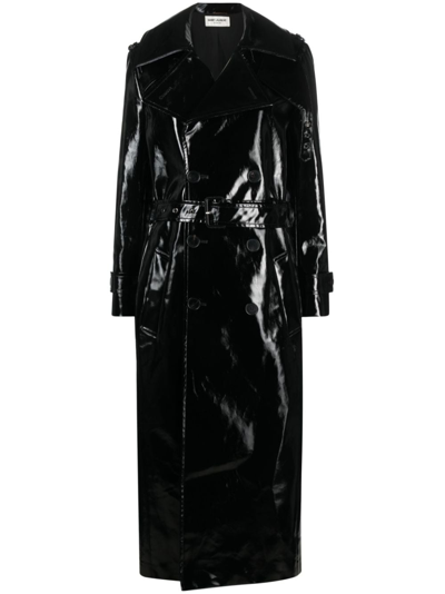 Saint Laurent Patent Double-breasted Coat In Schwarz