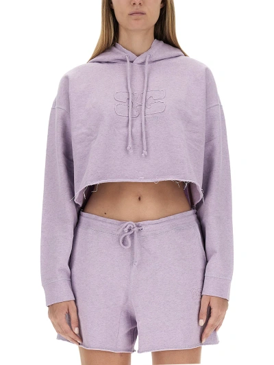 Ganni Cropped Organic Cotton Hoodie In Lilac