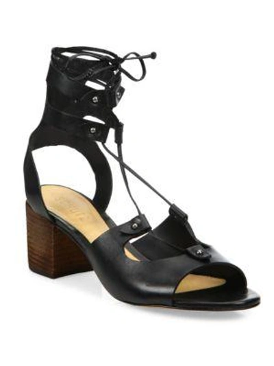 Schutz Monik Leather Lace-up Block Heel Sandals In Black