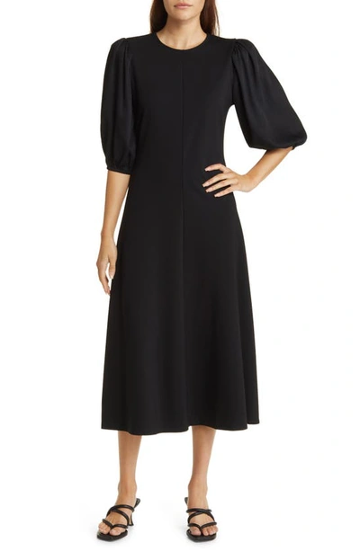 Nordstrom Mixed Media Puff Sleeve A-line Dress In Black